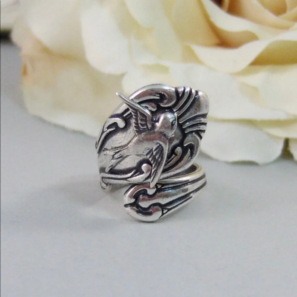 Ring Silver Spoon Vintage Sparrow Bird Antique Boho bohemian spring mother’s day - Picture 2 of 2